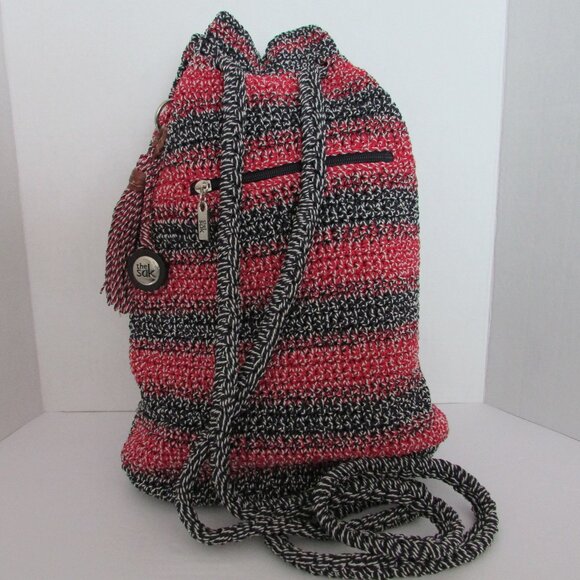 The Sak Boho Chic Crochet Drawstring Backpack Peace Sign - Picture 1 of 9